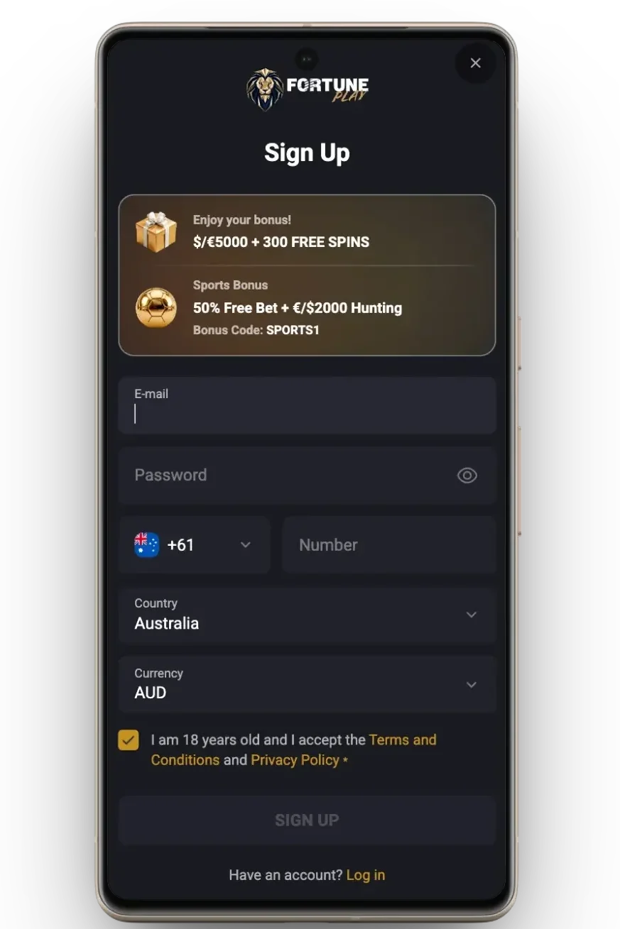 Register via Fortune Play casino app.
